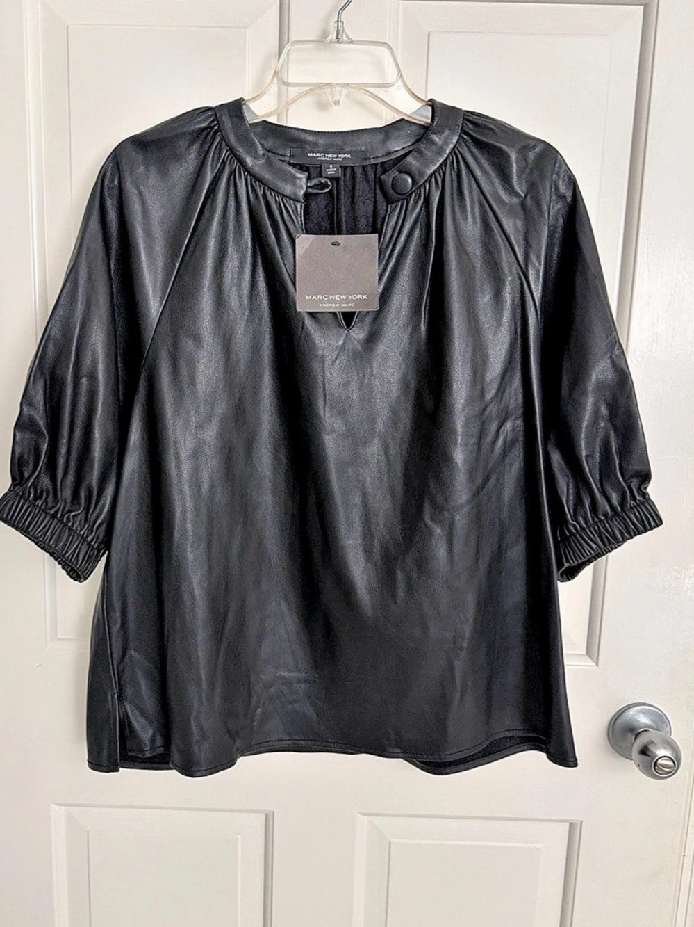 Marc New York Faux Leather Elbow Sleeve Blouse in Black Size Small NWT
